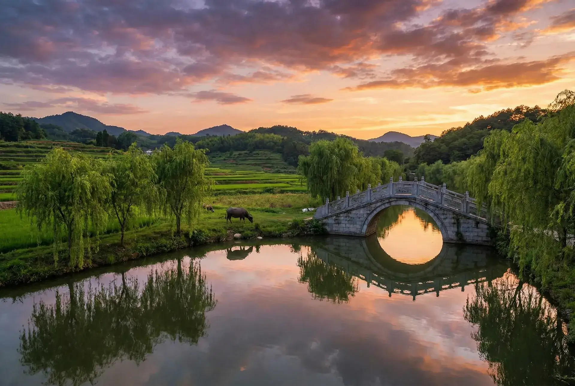 夕阳下的石拱桥与垂柳，水牛在河边吃草 - 午夜直播 乡村美景